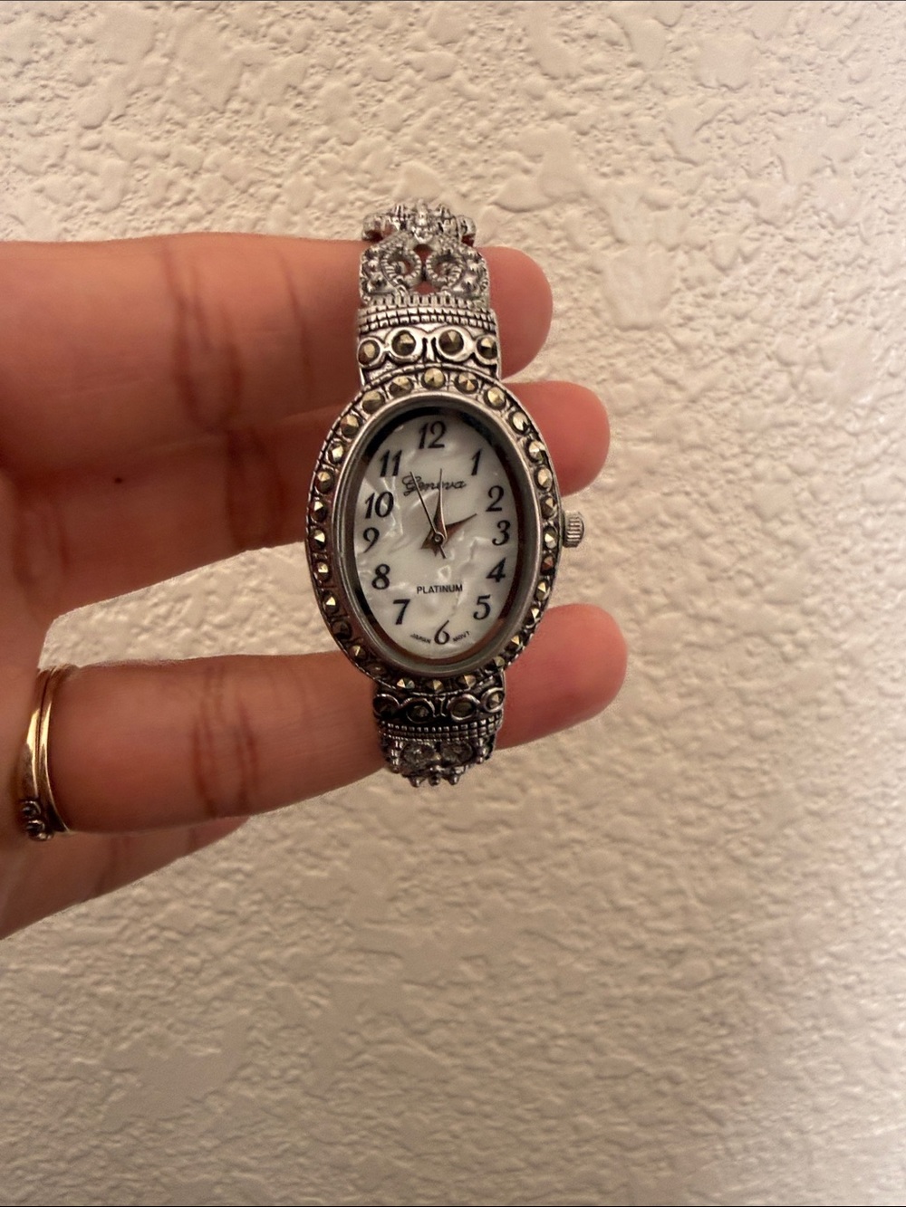 Silver-Tone Women's Ornate Watch Bracelet - White Dial